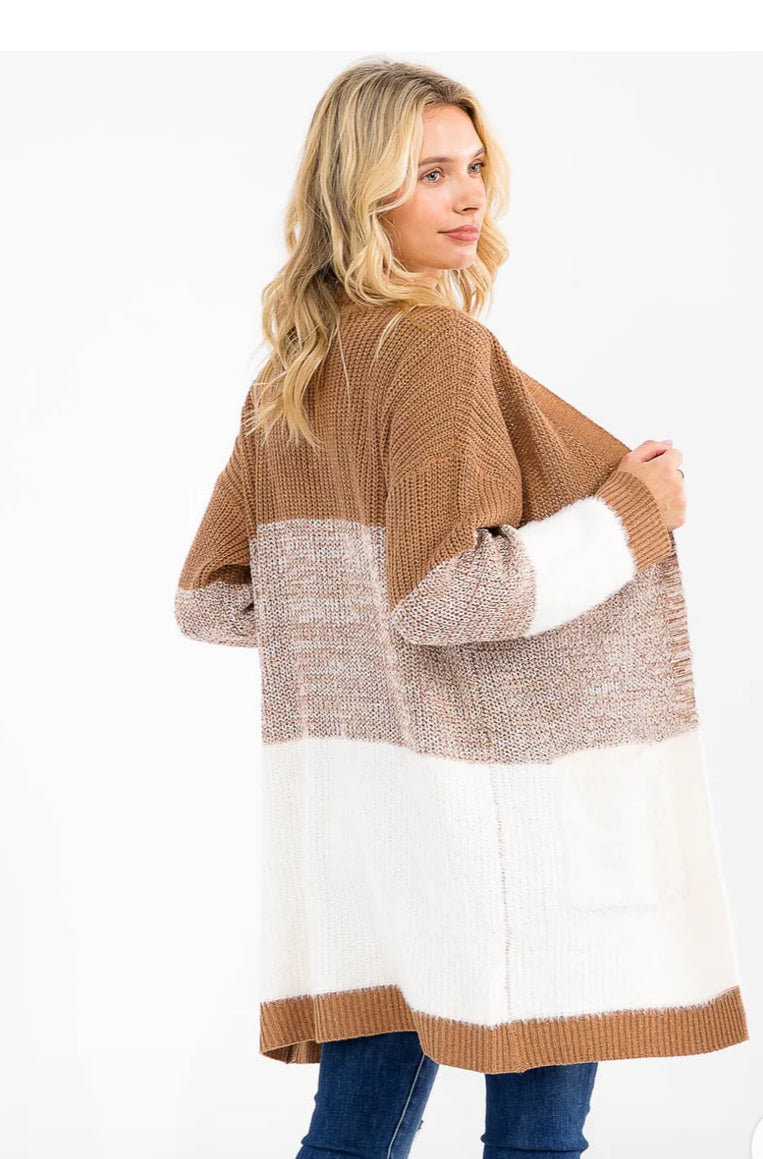 The Soft and Cozy Color Block CARDIGAN in Camel
