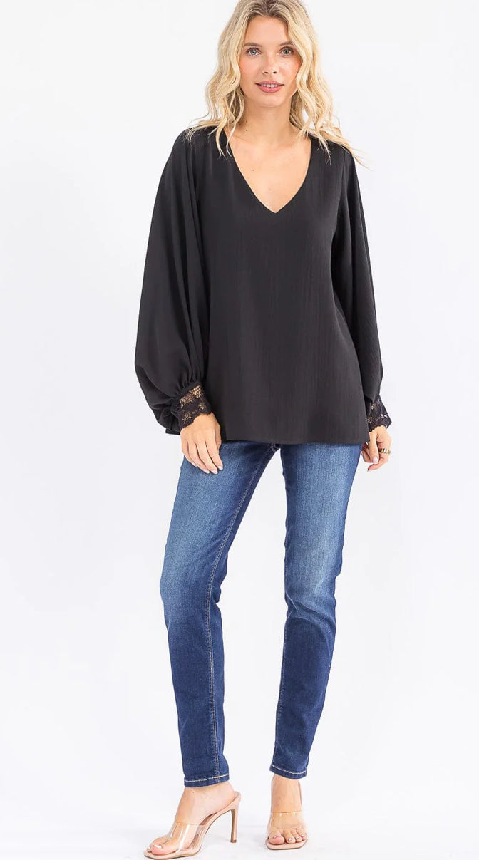The V-Neck Beautiful Blouse w/Crocheted Cuff in Black