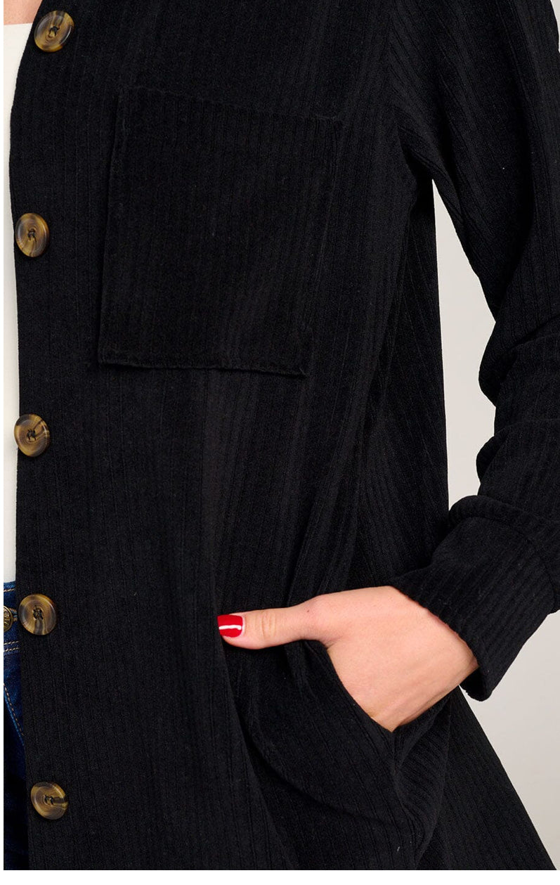 WOMEN'S LONG SLEEVE BLACK RIBBED SHACKET