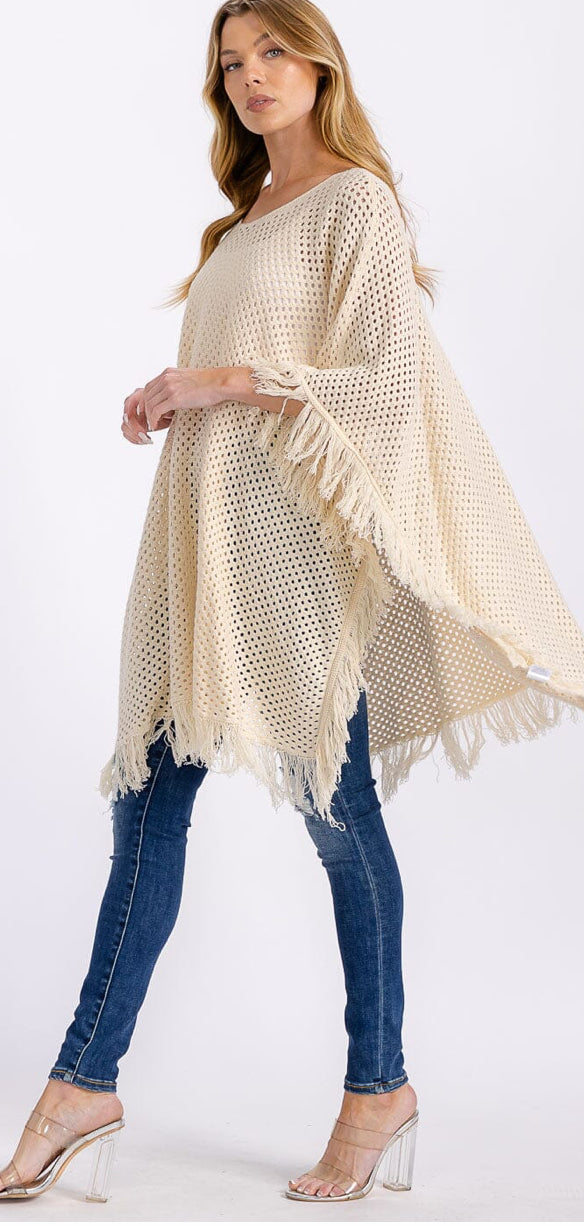 The Patterned Knit Poncho in Ivory