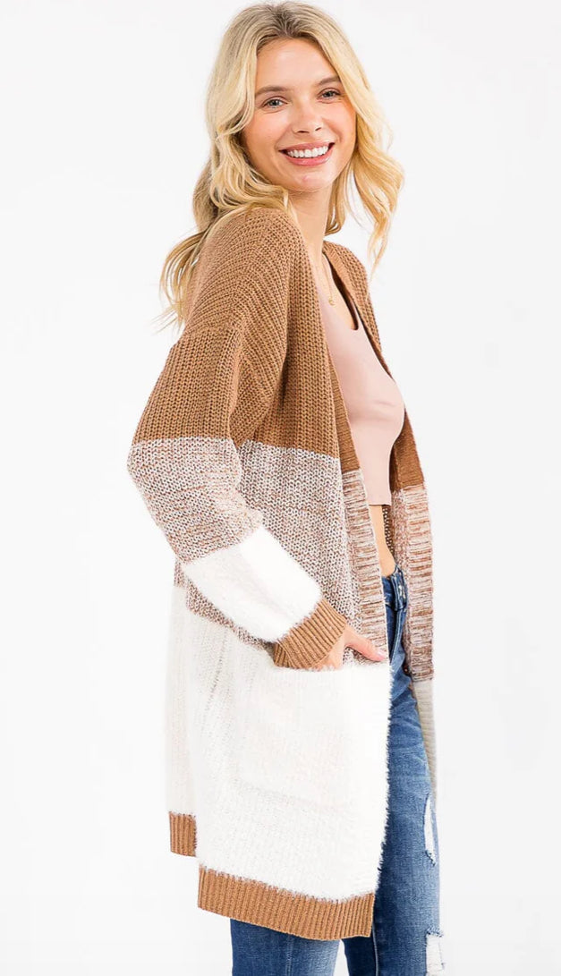 The Soft and Cozy Color Block CARDIGAN in Camel