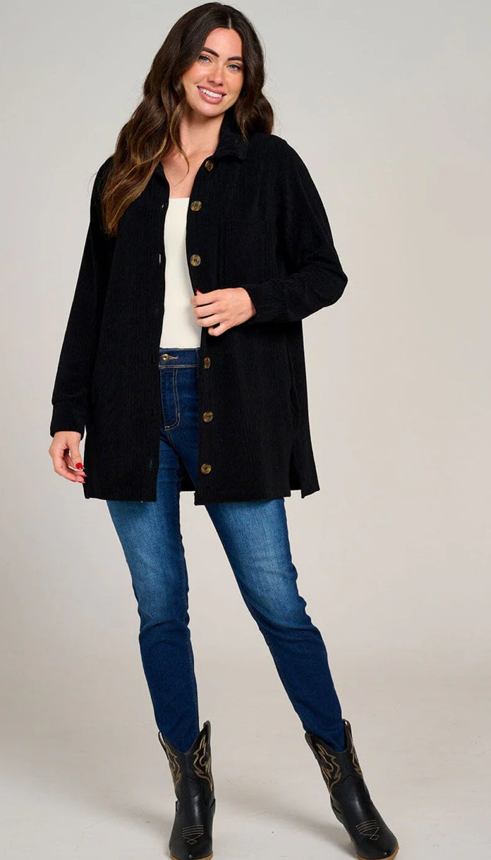 WOMEN'S LONG SLEEVE BLACK RIBBED SHACKET