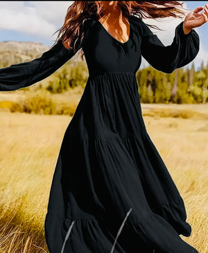 V-Neck Long Sleeve Ruffle Black Maxi Dress