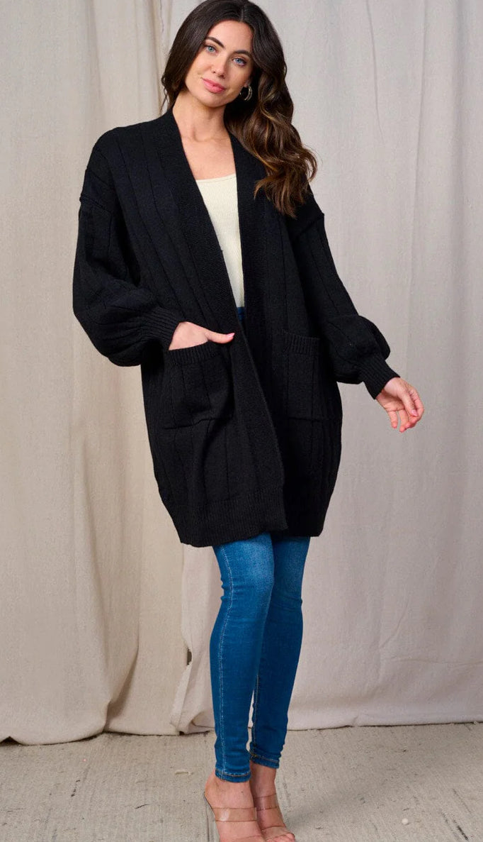 WOMEN'S LONG SLEEVE OPEN FRONT BLACK CARDIGAN