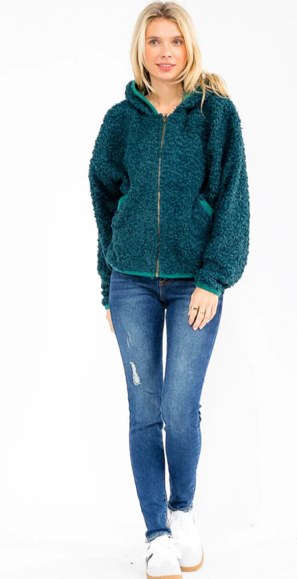 The HOODED SHERPA JACKET in Teal Green