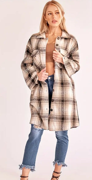 Black Plaid Long Shacket w/Pockets