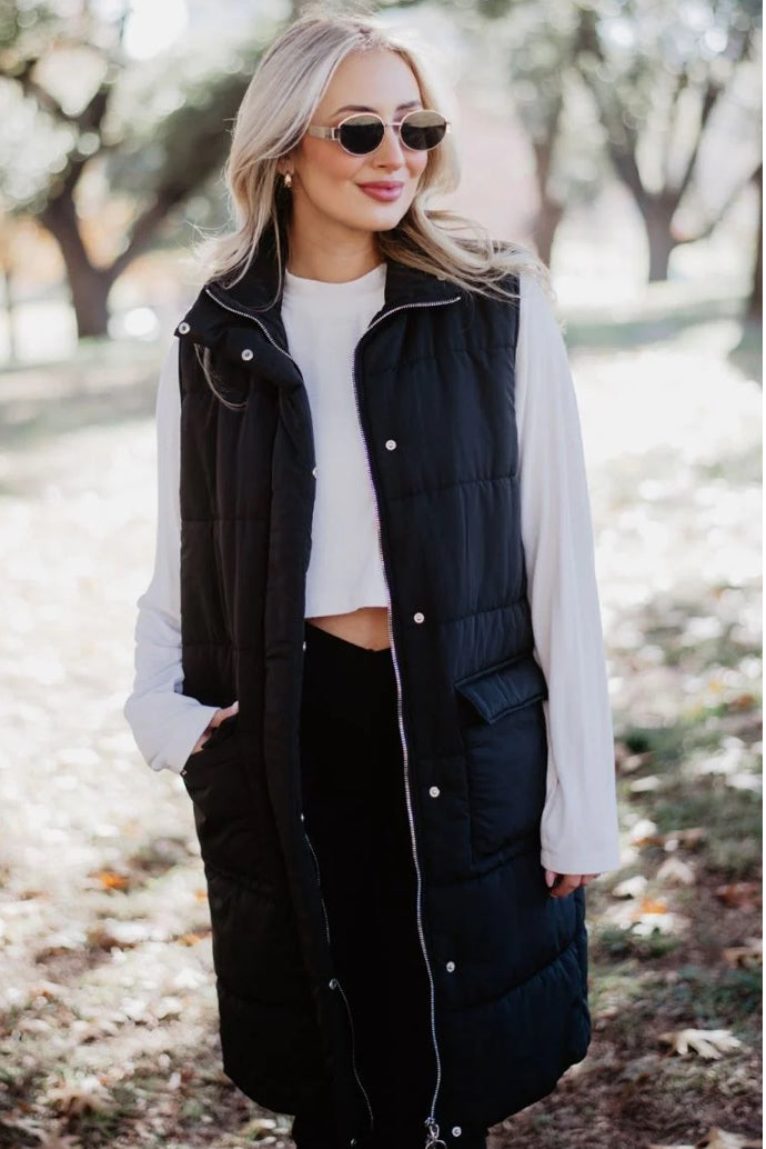 The Long Puffer Vest in Black