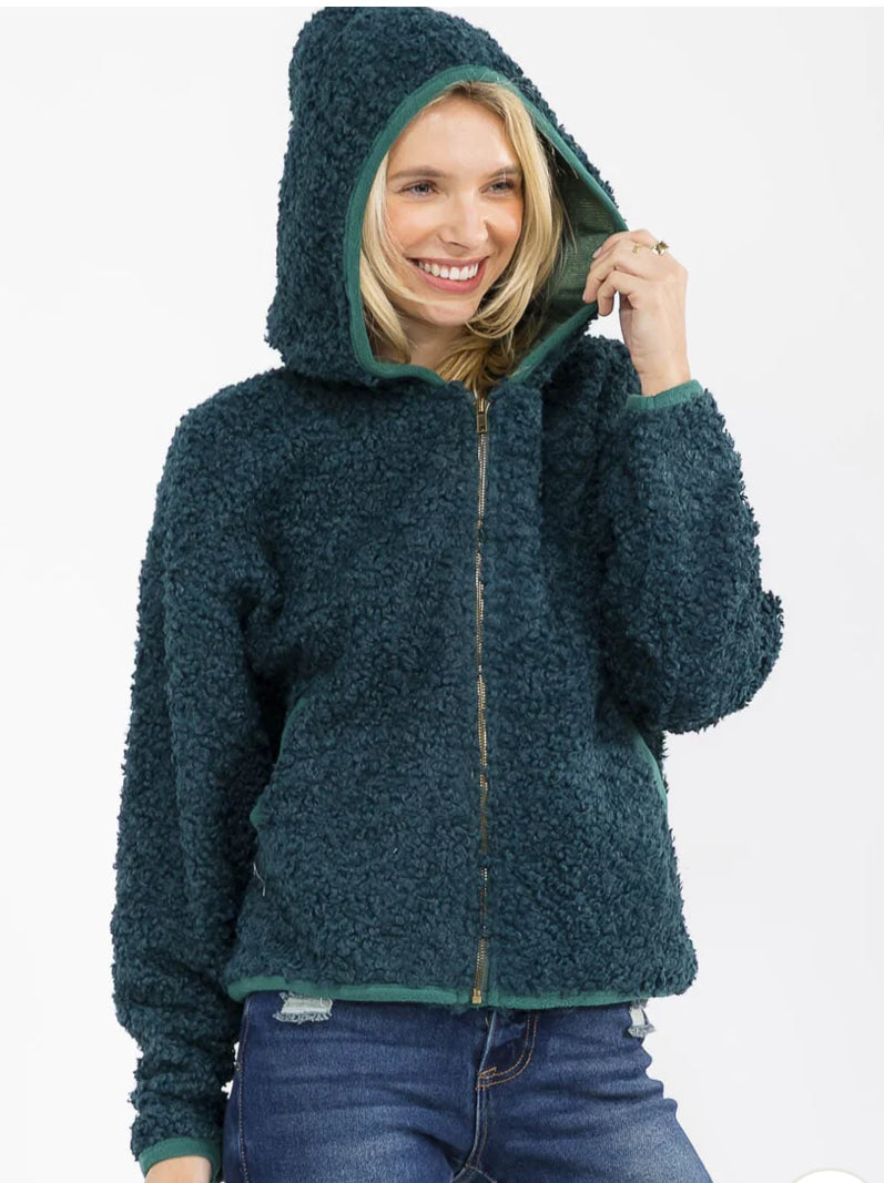 The HOODED SHERPA JACKET in Teal Green