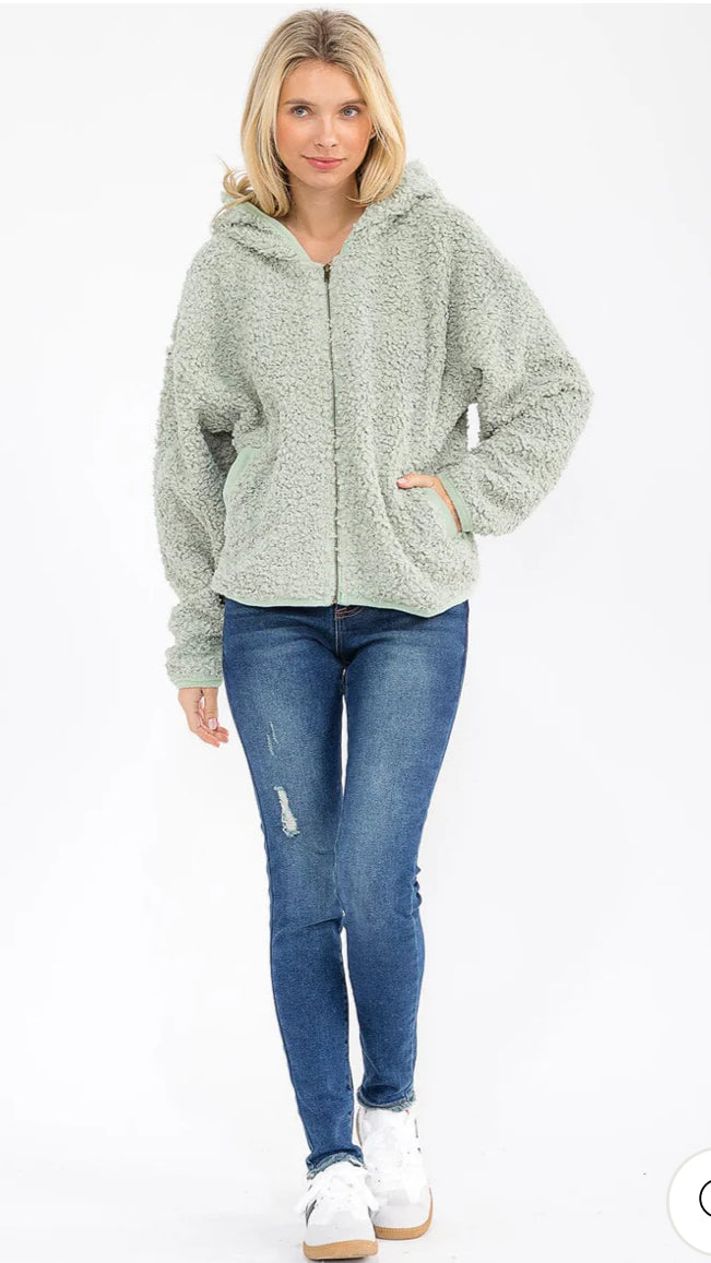 The HOODED SHERPA JACKET in Sage Green