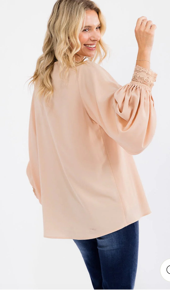 The V-Neck Beautiful Blouse w/Crocheted Cuff in Taupe