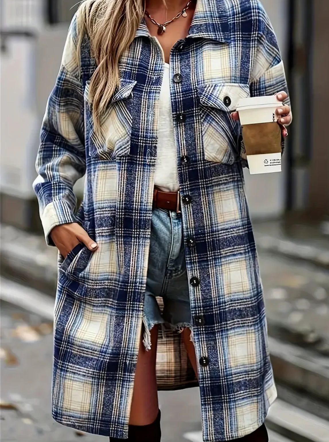 The Plaid Long Shacket in Blue