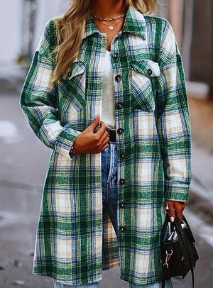 Green/Blue Plaid Long Shacket w/Pockets