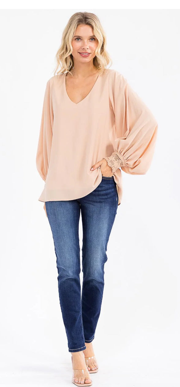 The V-Neck Beautiful Blouse w/Crocheted Cuff in Taupe
