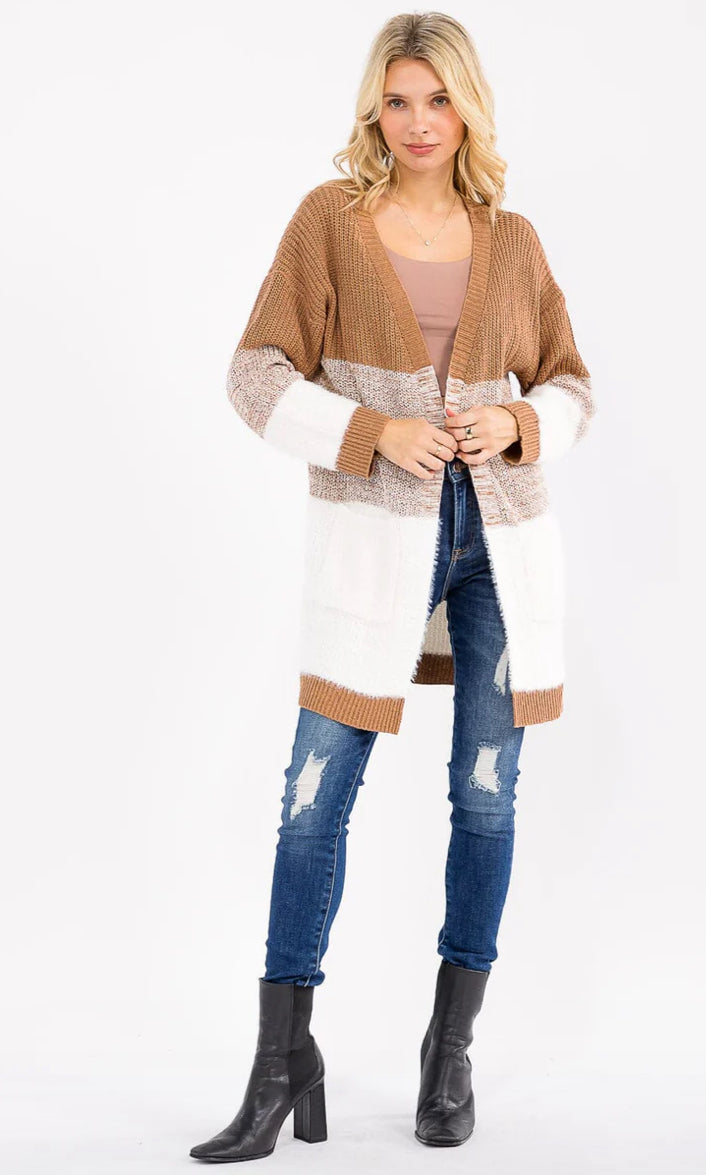 The Soft and Cozy Color Block CARDIGAN in Camel