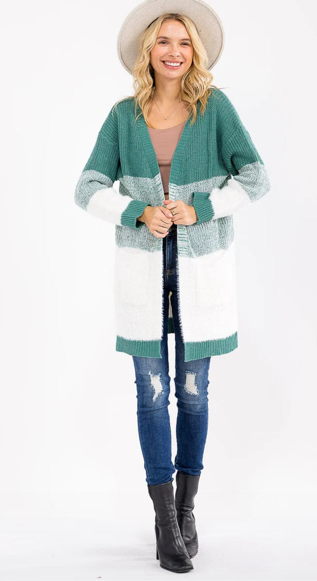 The Soft and Cozy Color Block CARDIGAN in Green