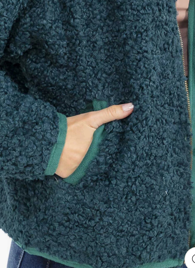 The HOODED SHERPA JACKET in Teal Green