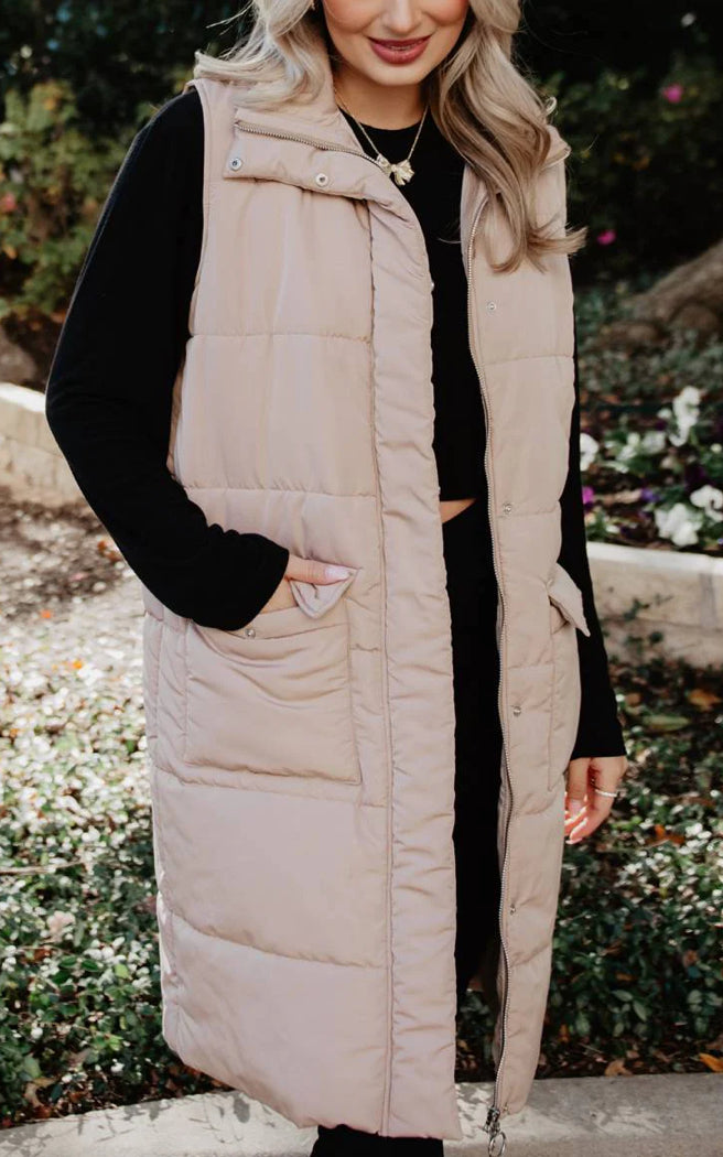 The Long Puffer Vest in Latte