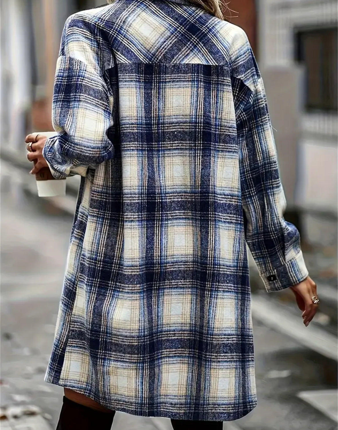 The Plaid Long Shacket in Blue