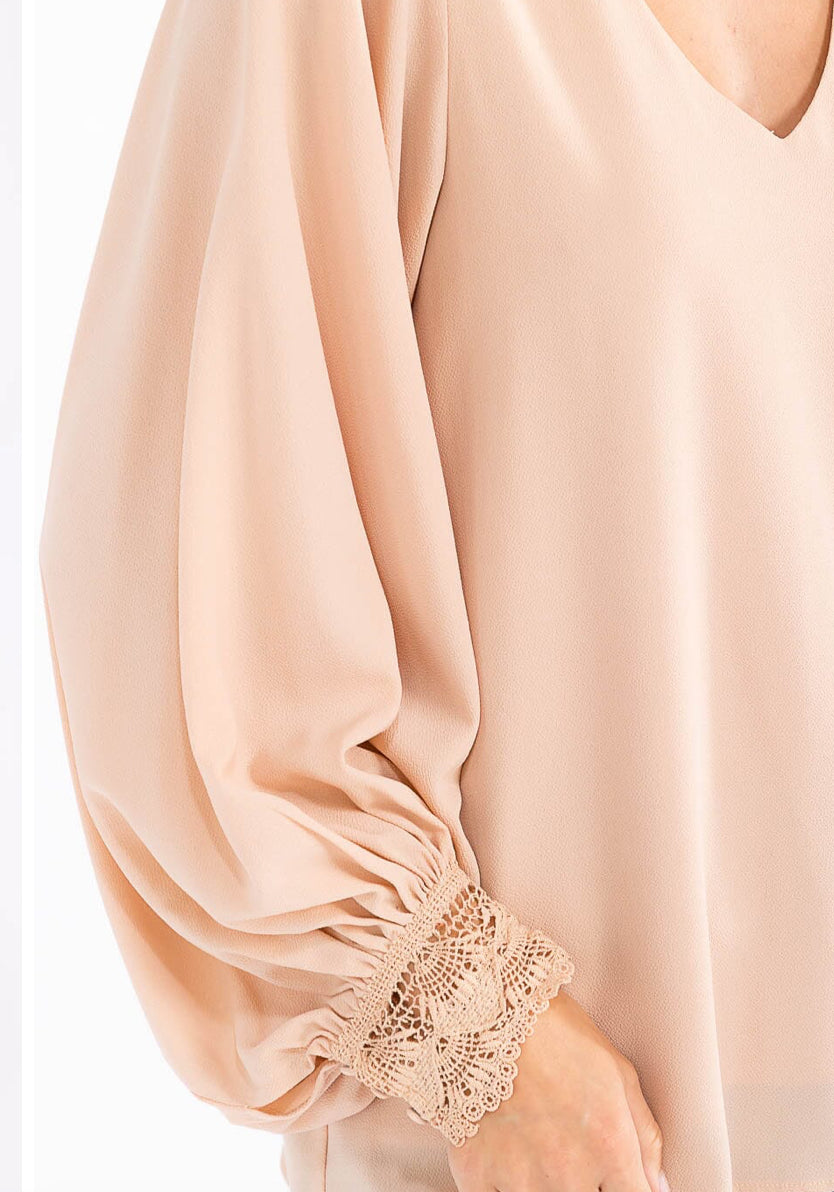 The V-Neck Beautiful Blouse w/Crocheted Cuff in Taupe