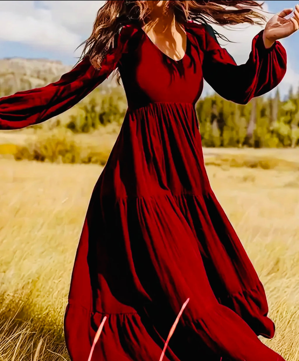 V-Neck Long Sleeve Ruffle True Red Maxi Dress