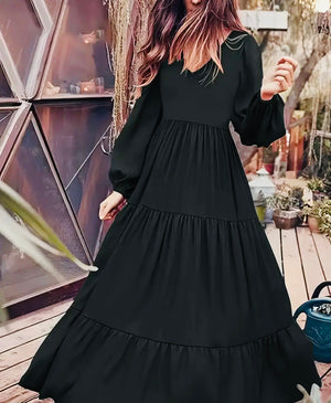 V-Neck Long Sleeve Ruffle Black Maxi Dress