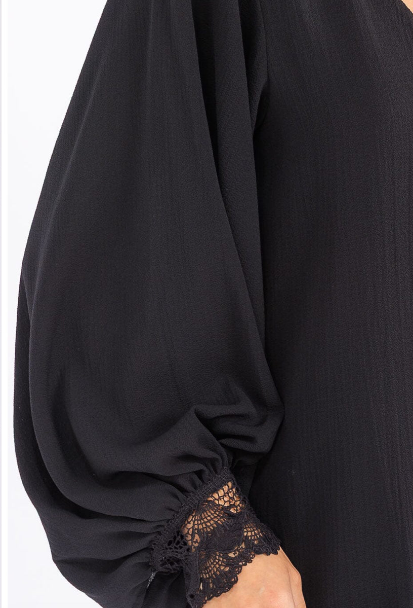 The V-Neck Beautiful Blouse w/Crocheted Cuff in Black