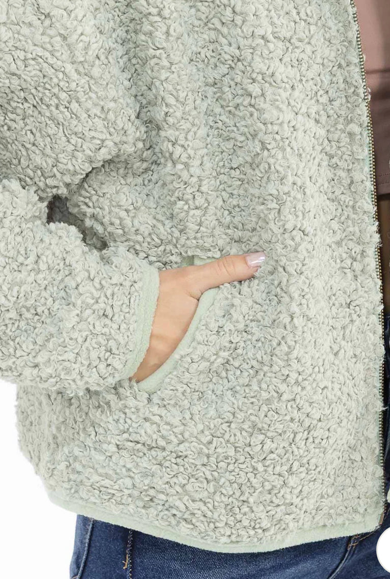 The HOODED SHERPA JACKET in Sage Green