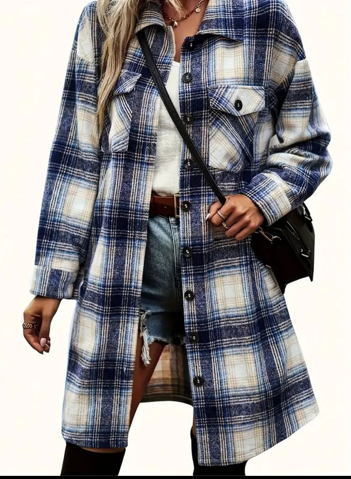 The Plaid Long Shacket in Blue