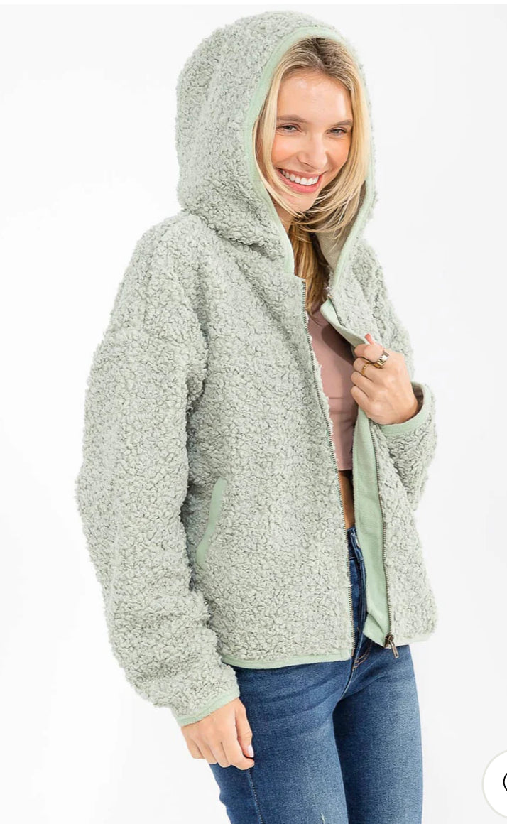 The HOODED SHERPA JACKET in Sage Green