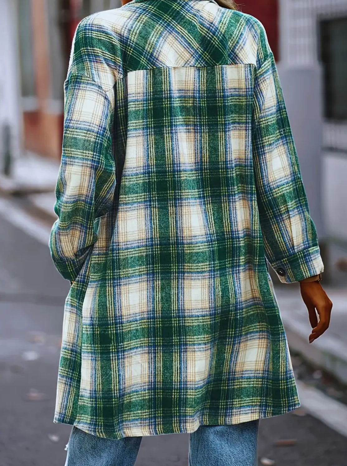 Green/Blue Plaid Long Shacket w/Pockets