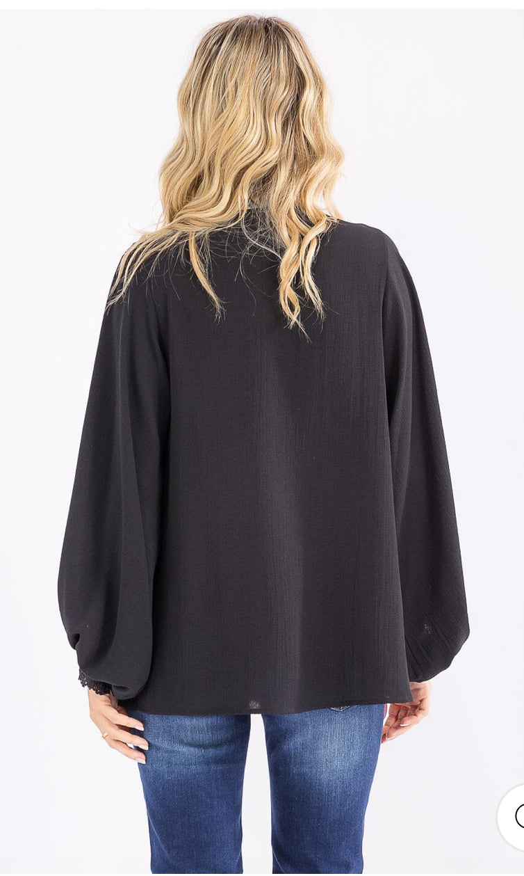 The V-Neck Beautiful Blouse w/Crocheted Cuff in Black