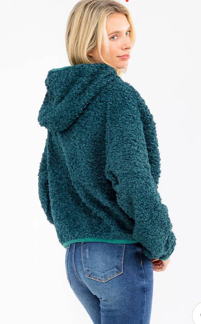 The HOODED SHERPA JACKET in Teal Green