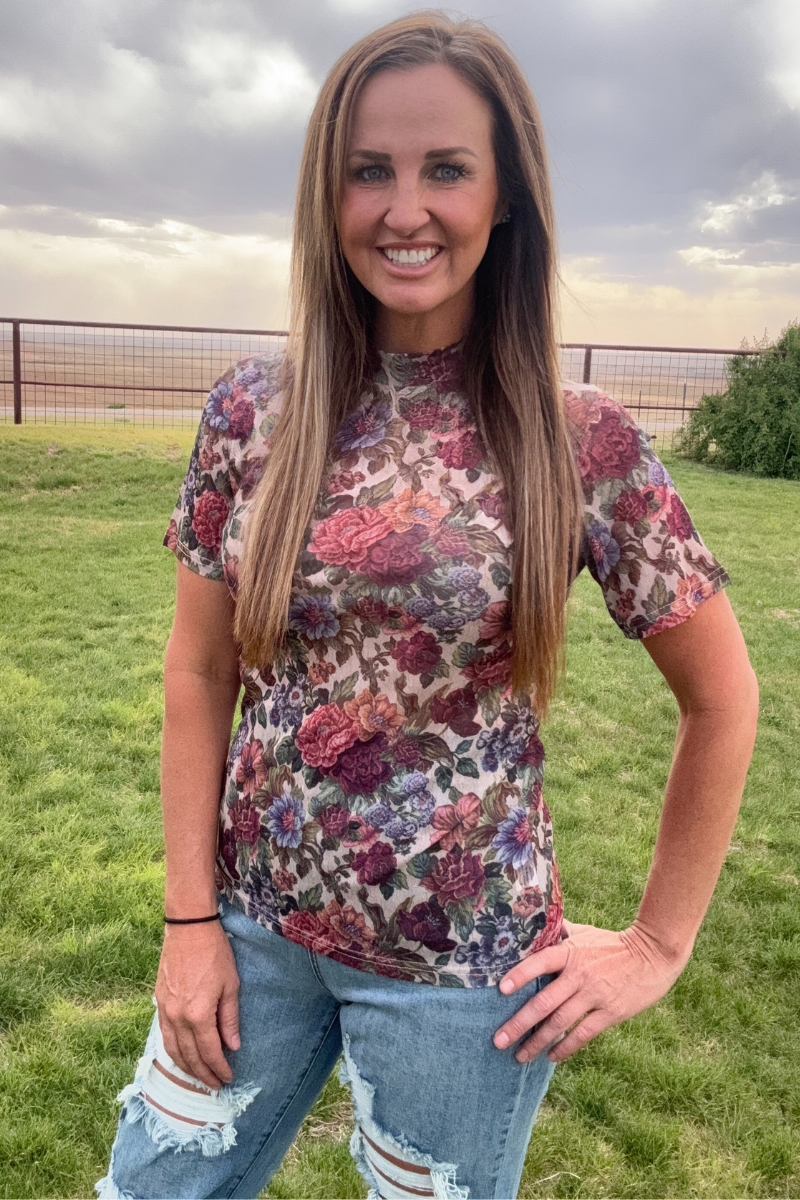 The Vintage Floral Short Sleeve Mesh Top