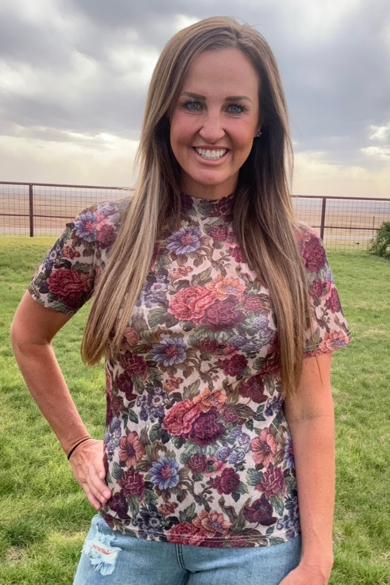 The Vintage Floral Short Sleeve Mesh Top