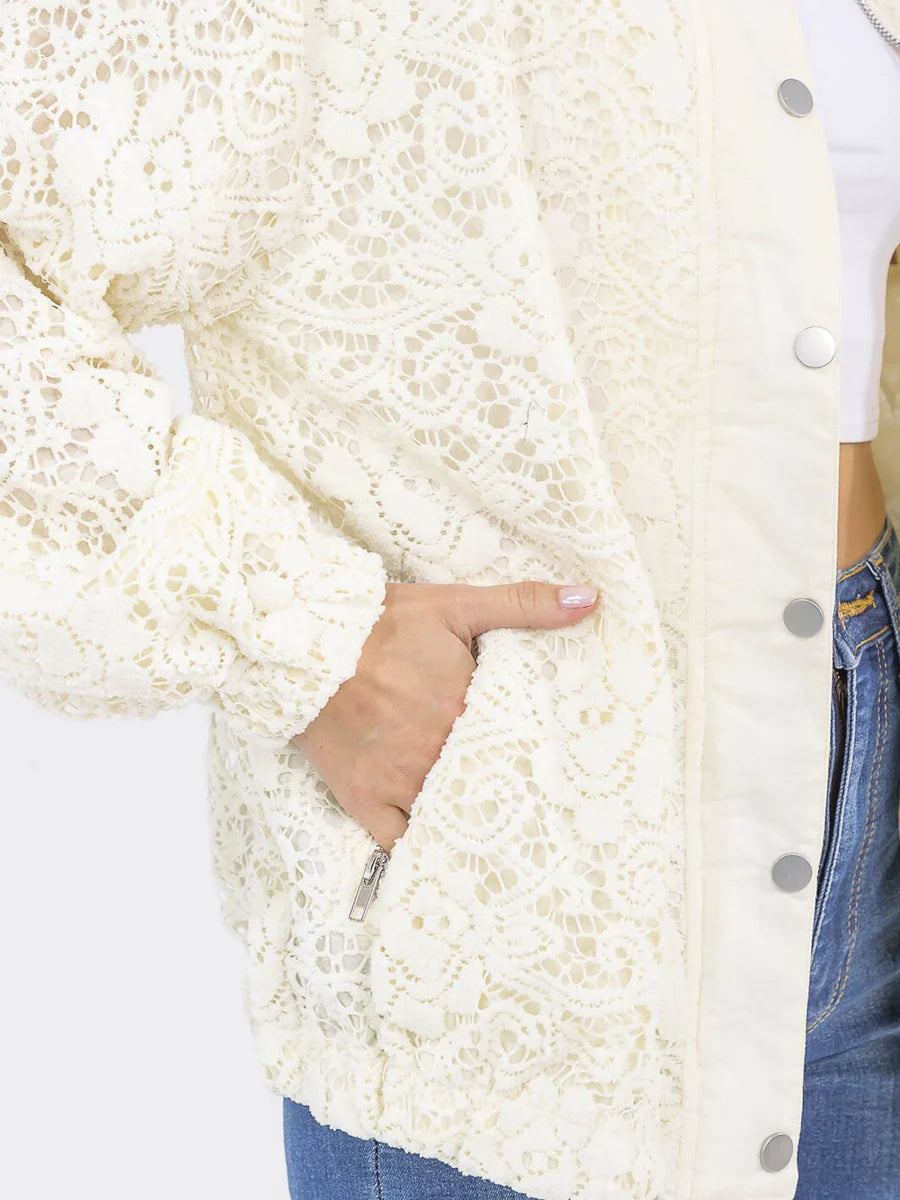 The Crocheted Lined Bomber Jacket in Ivory