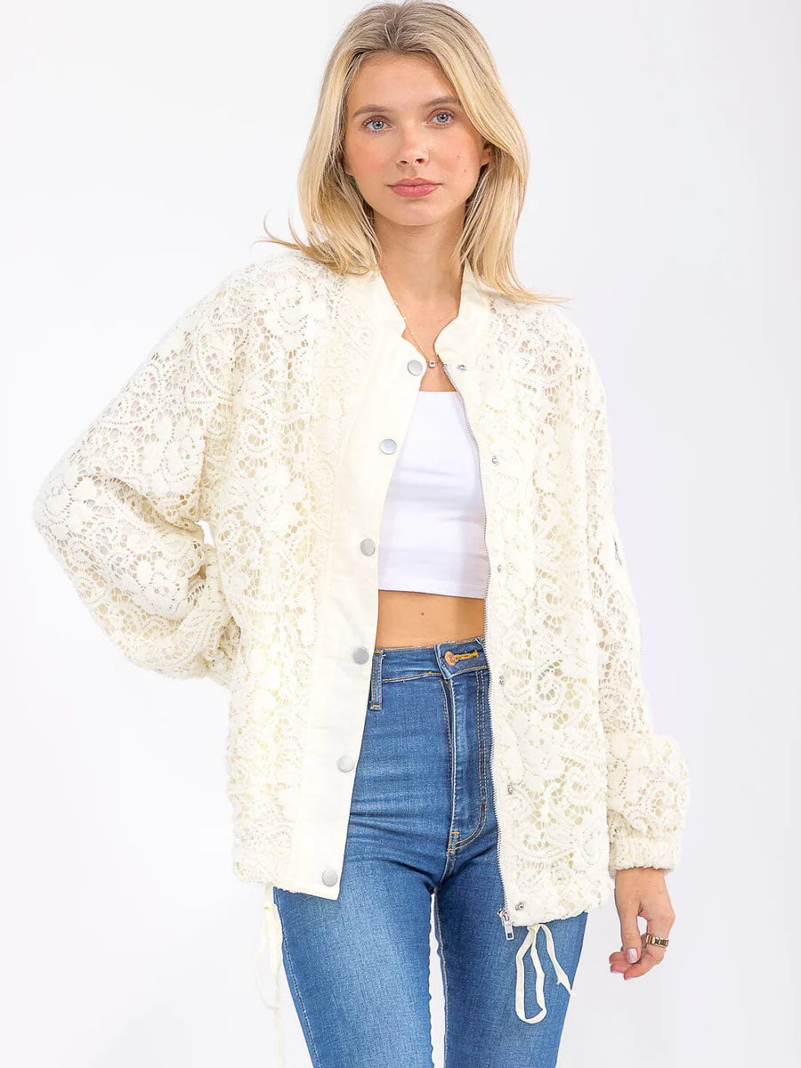 The Crocheted Lined Bomber Jacket in Ivory