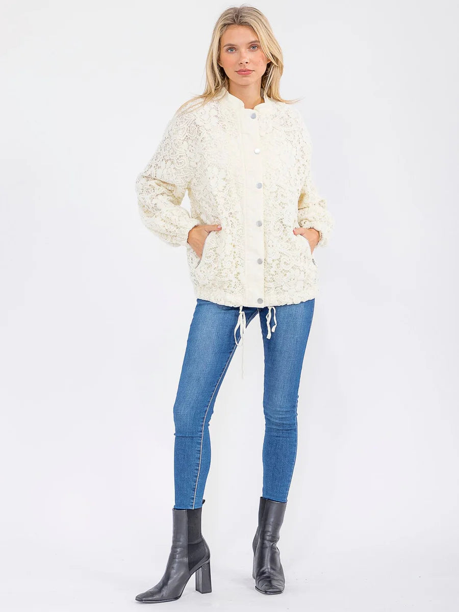The Crocheted Lined Bomber Jacket in Ivory
